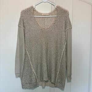REBECCA TAYLOR Tan Silver Chunky Knit Cotton Crochet Crew Pullover Top Small‎